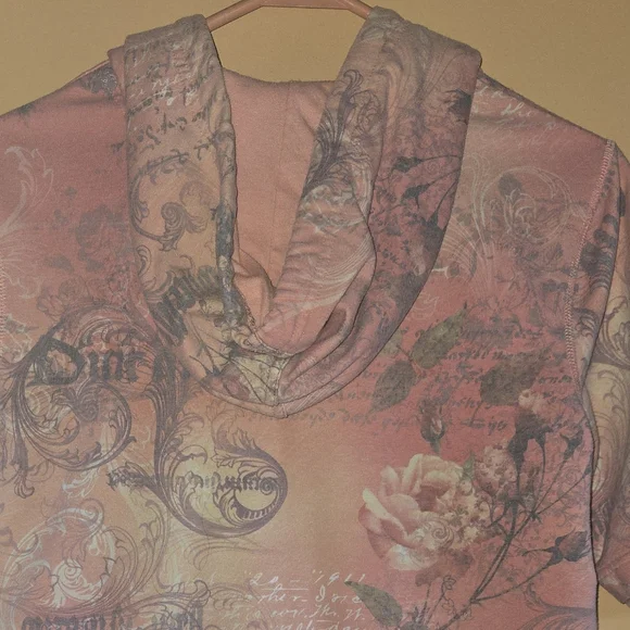 Green Tea Graphic Floral Short Sleeved Zip-Up Hoodie Sequen Accent, L - Picture 4 of 5